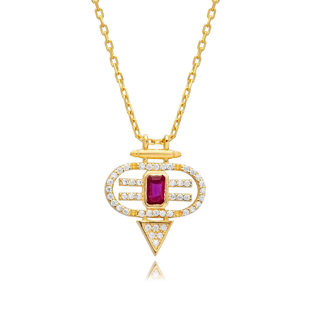 Ruby CZ Geometric Unique Design 925 Silver Charm Pendant Necklace