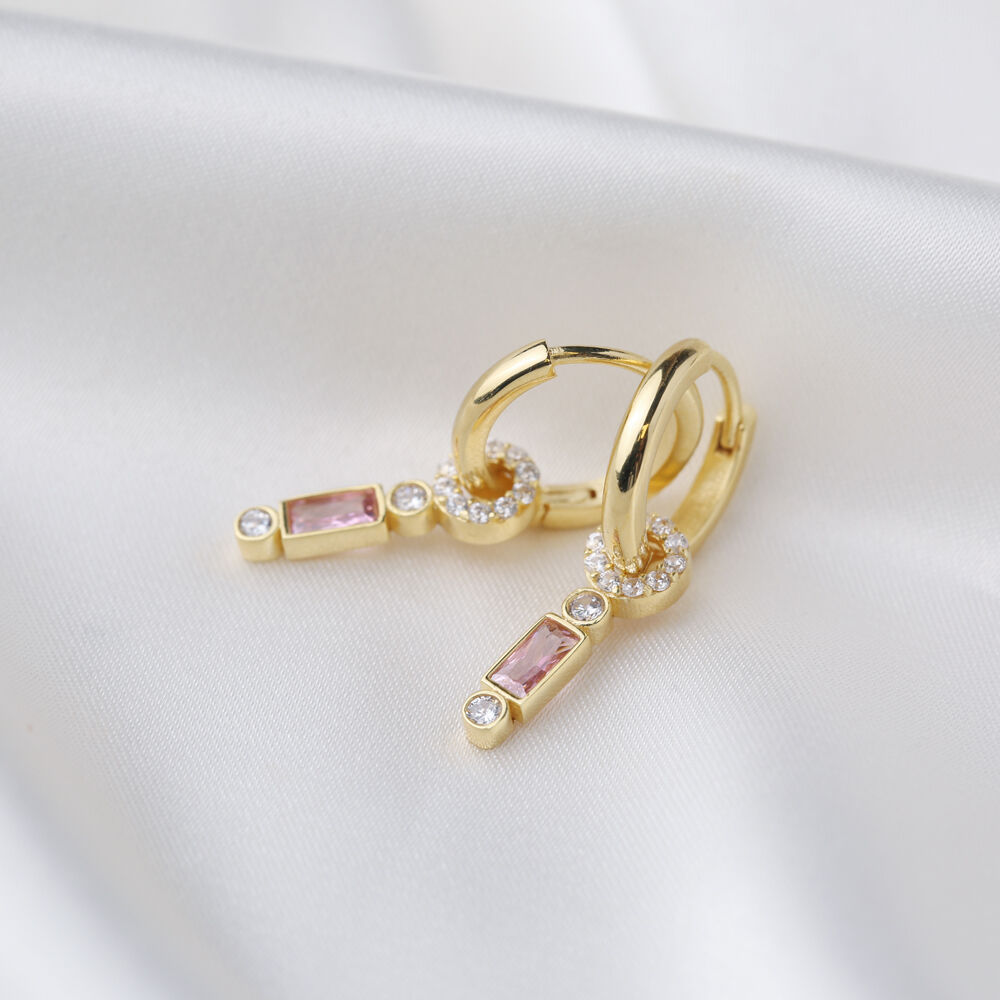 Cute Baguette Pink Quartz Stone Hollow Design Dangle Earrings 925 Sterling Silver Jewelry