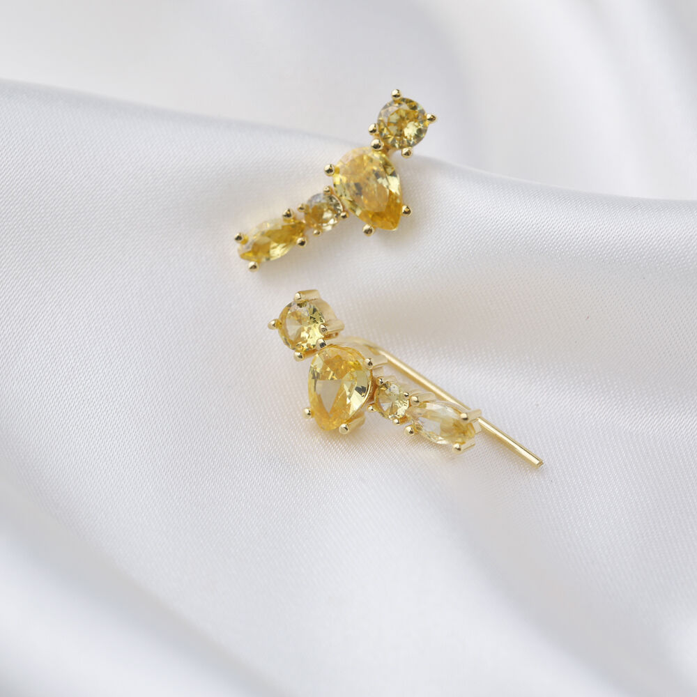 Citrine Zircon Stone Pear Round Marquise Cut Stylish Ear Cuff 925 Sterling Silver Earrings