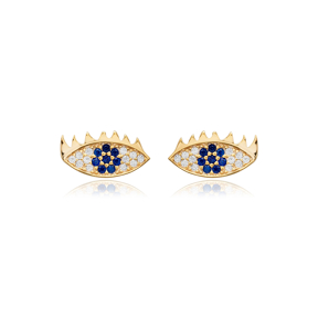 Evil Eye Design Sapphire Stone Silver Stud Earring