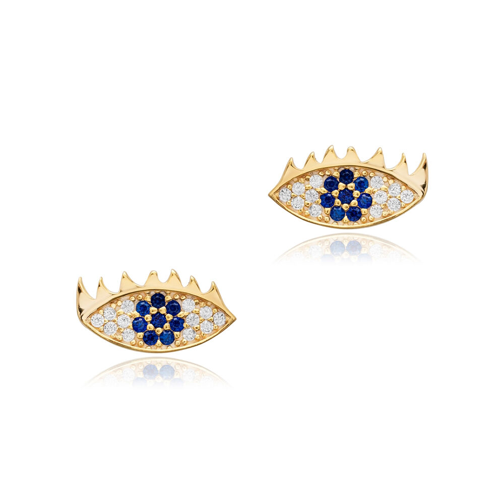 Evil Eye Design Sapphire Stone Silver Stud Earring