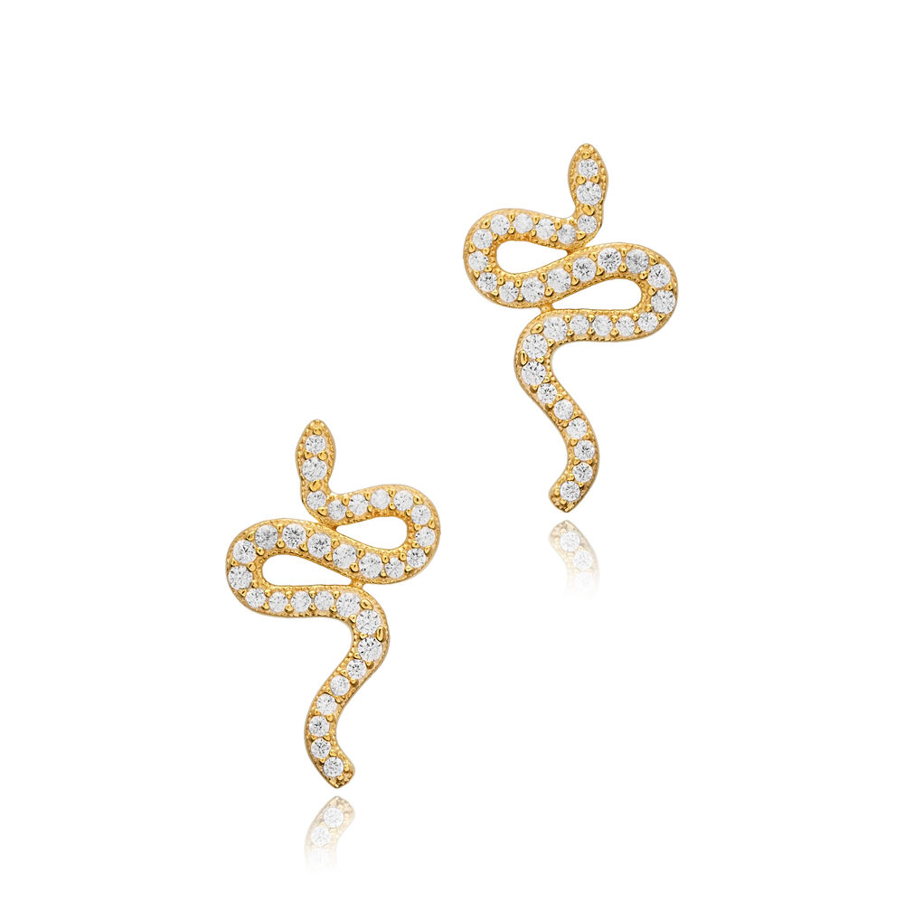 Snake Design CZ Stone Stud Earring Silver Jewelry