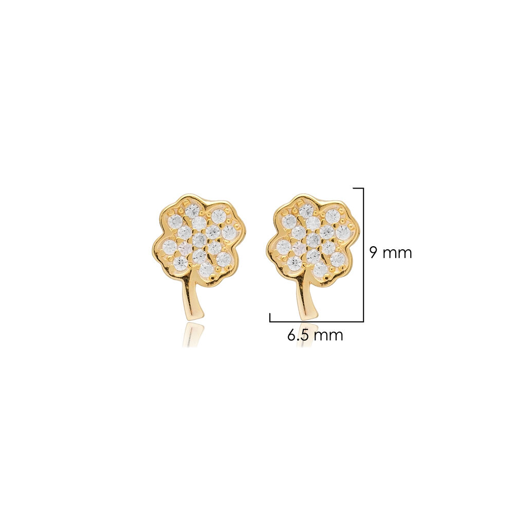 Clover Design Stud Earring Turkish Handmade 925 Sterling Silver Jewelry