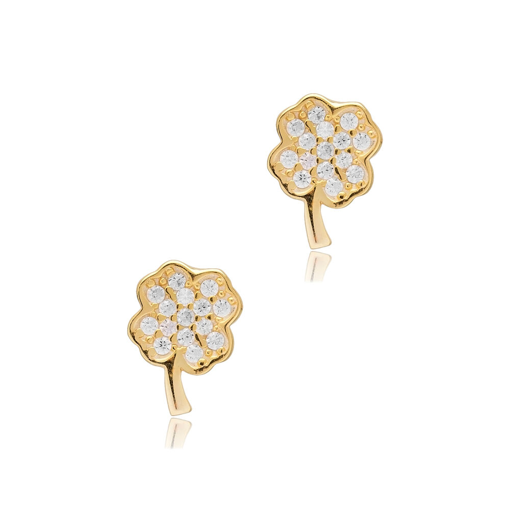 Clover Design Stud Earring Turkish Handmade 925 Sterling Silver Jewelry