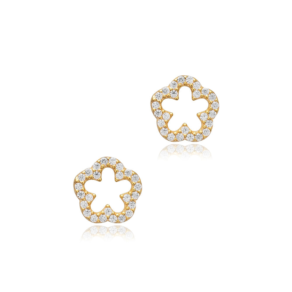 Hollow Flower CZ Design 925 Stud Earrings