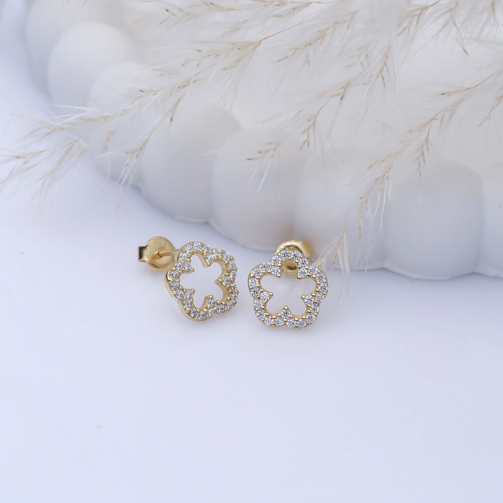 Hollow Flower CZ Design 925 Stud Earrings