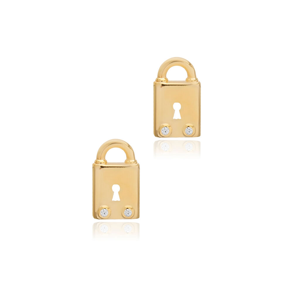 Lock Design CZ Stone Silver Stud Earrings