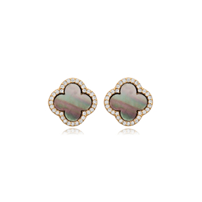 Black Mother of Pearl Clover CZ 925 Silver Stud Earrings