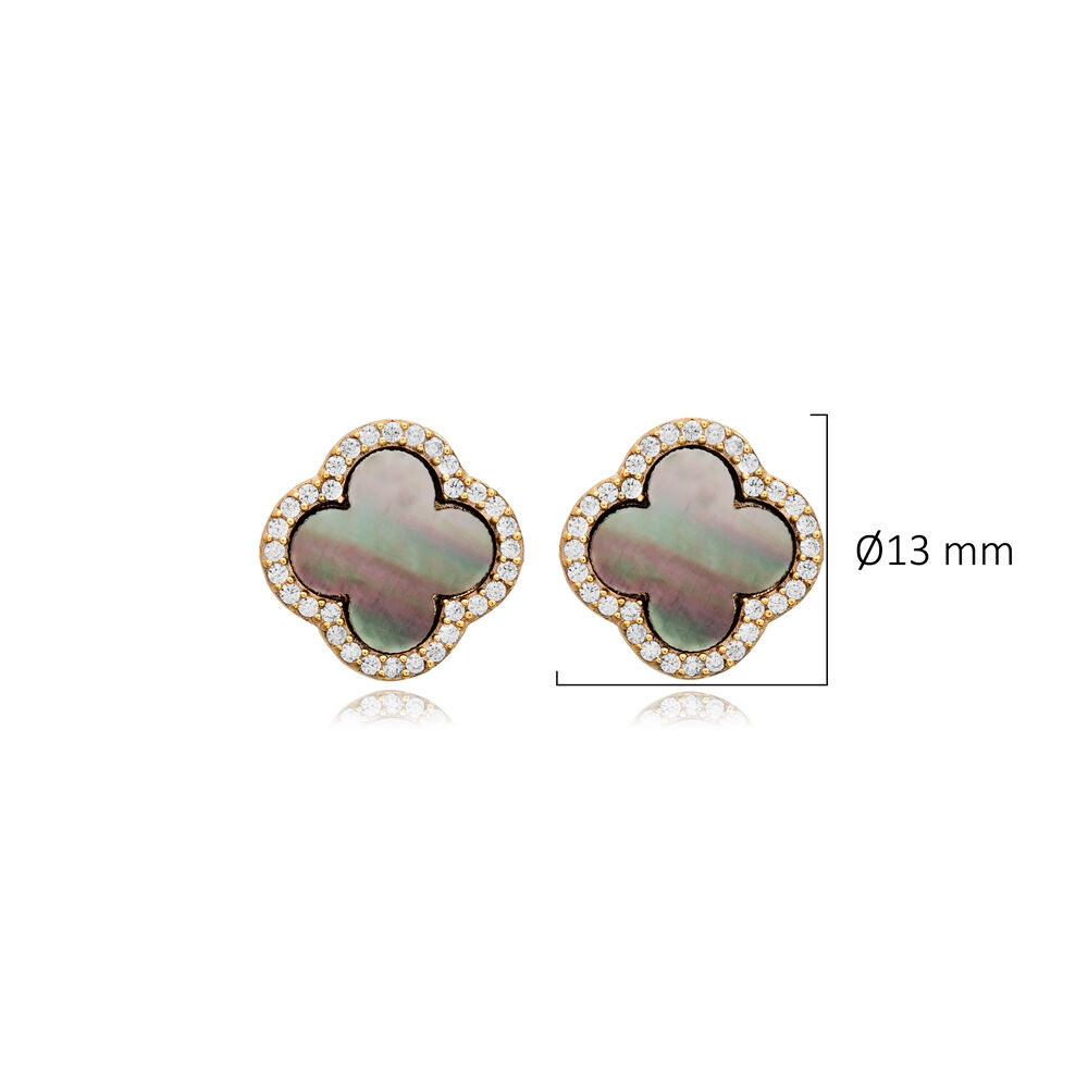 Black Mother of Pearl Clover CZ 925 Silver Stud Earrings