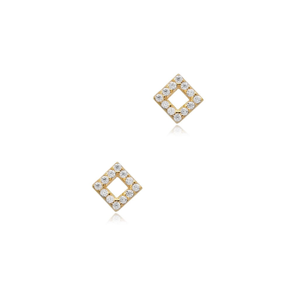 Square Design CZ Stone Silver Stud Earrings