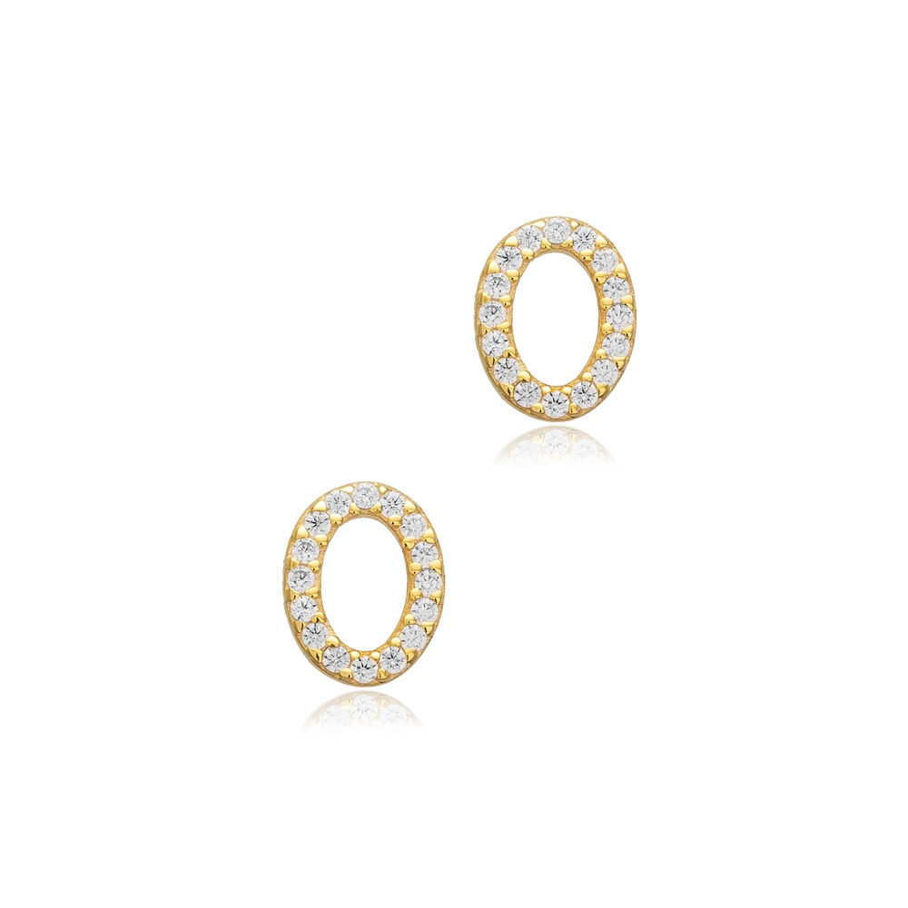 Oval Design CZ Stone Silver Stud Earrings