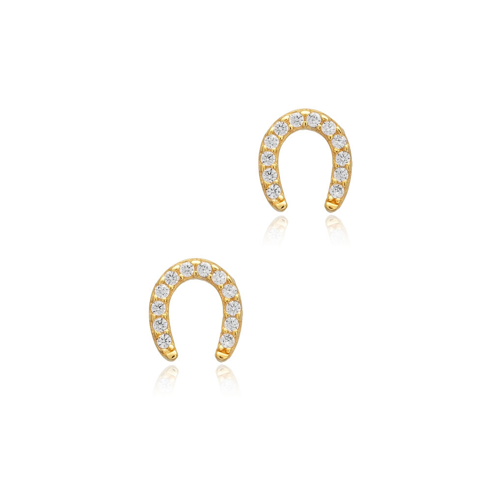 Horseshoe Design Cz Silver Stud Earrings