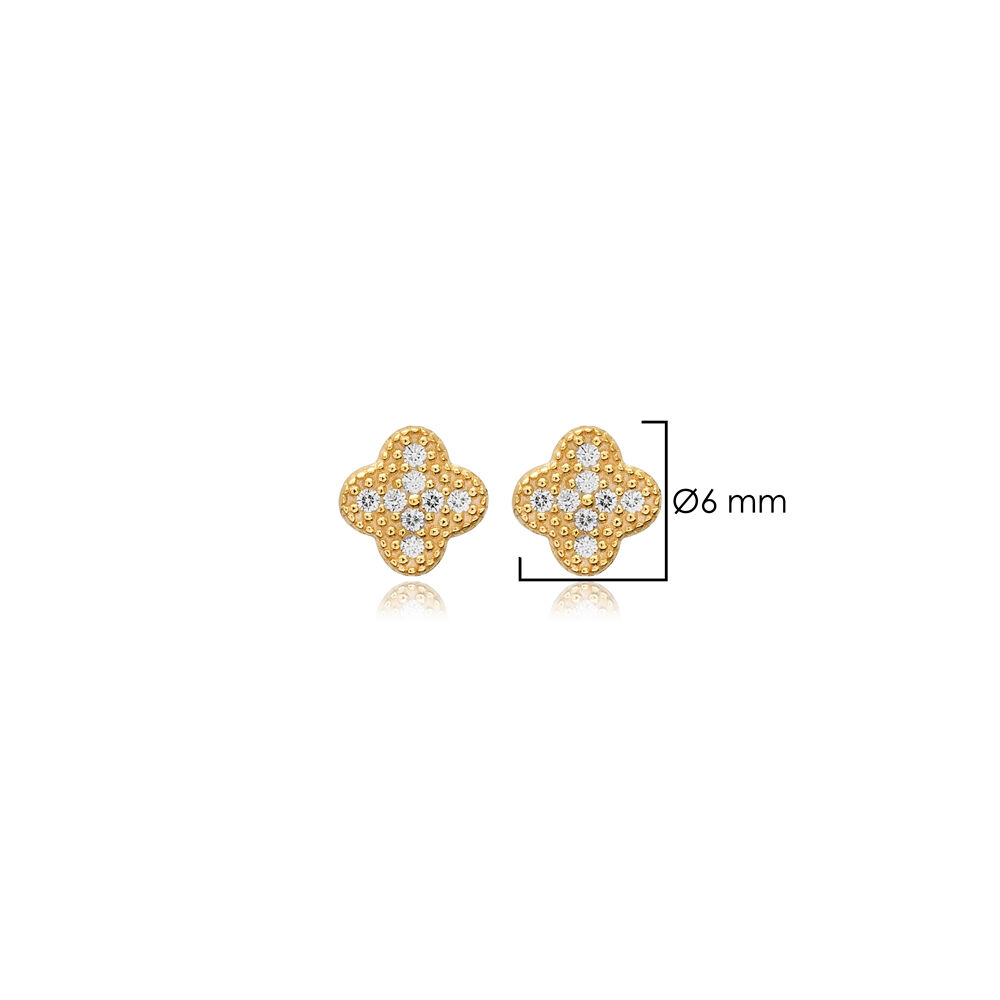 Mini Clover Design Cz Silver Stud Earrings