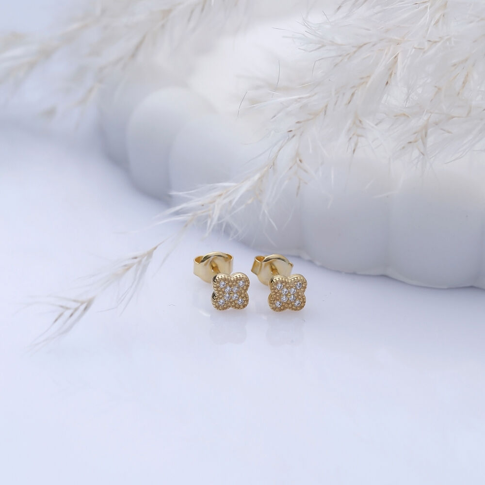 Mini Clover Design Cz Silver Stud Earrings