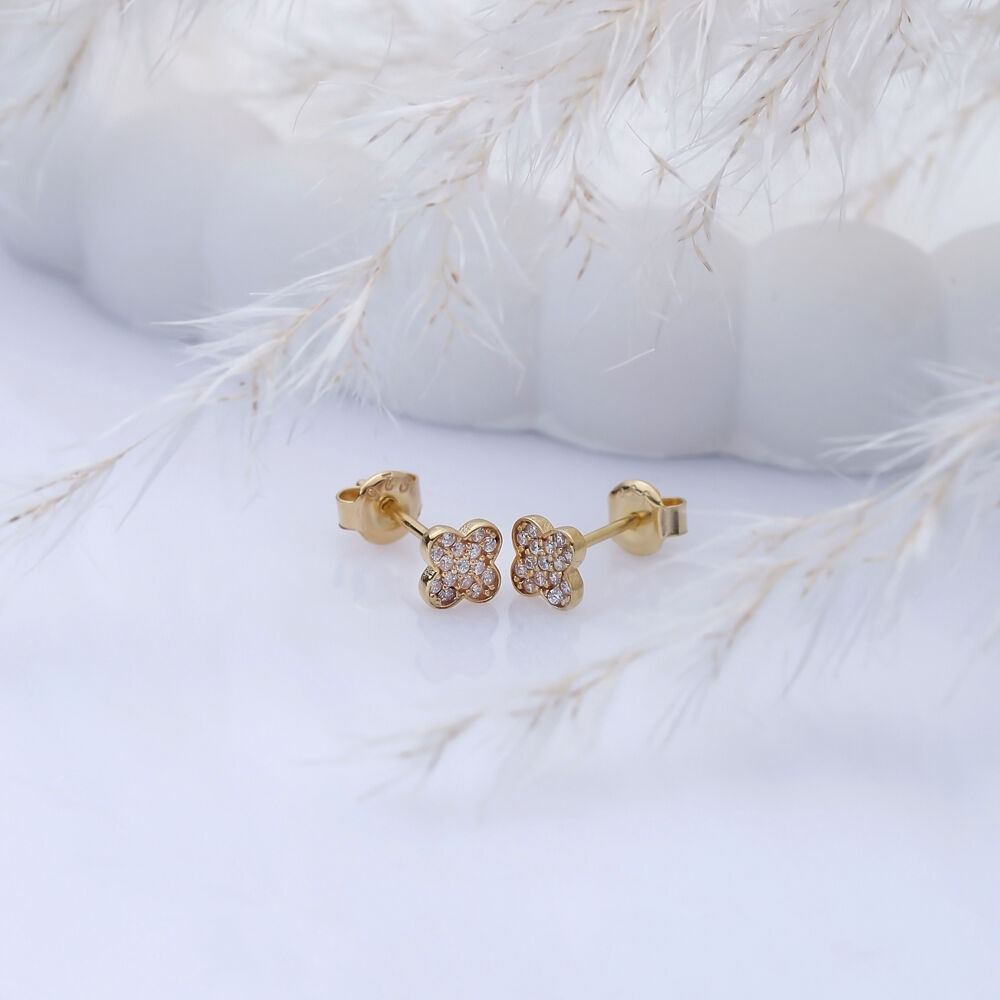 CZ Clover Design Silver Stud Earrings