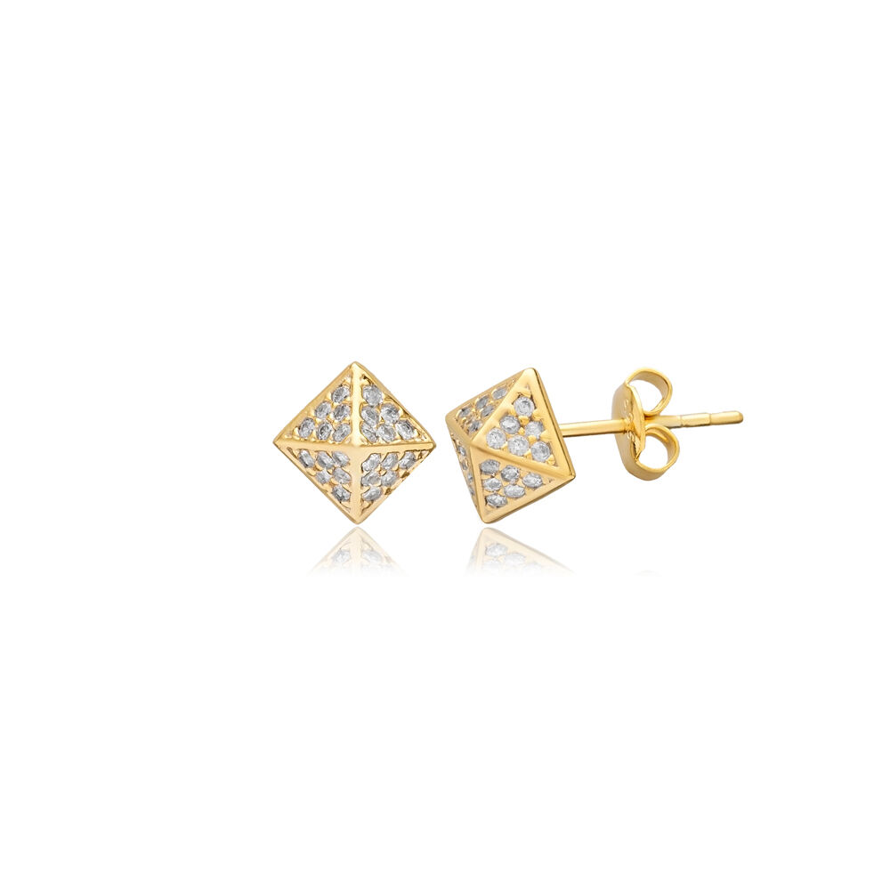 Pyramid Design CZ Silver Stud Earrings