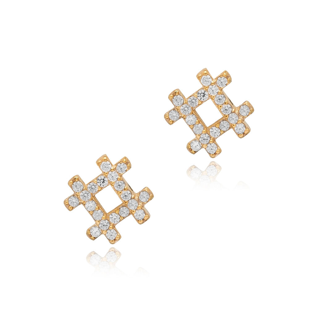 Hashtag Design CZ Silver 925 Stud Earrings