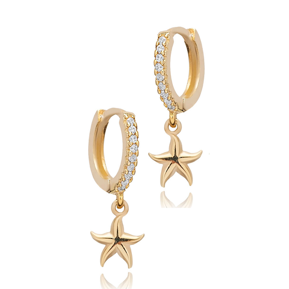 Elegant Starfish Design CZ Stone Silver Dangle Earrings