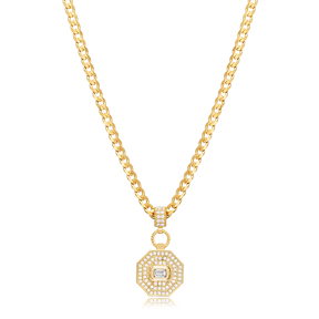 White CZ Geometric Design Gourmet Chain Silver Charm Necklace