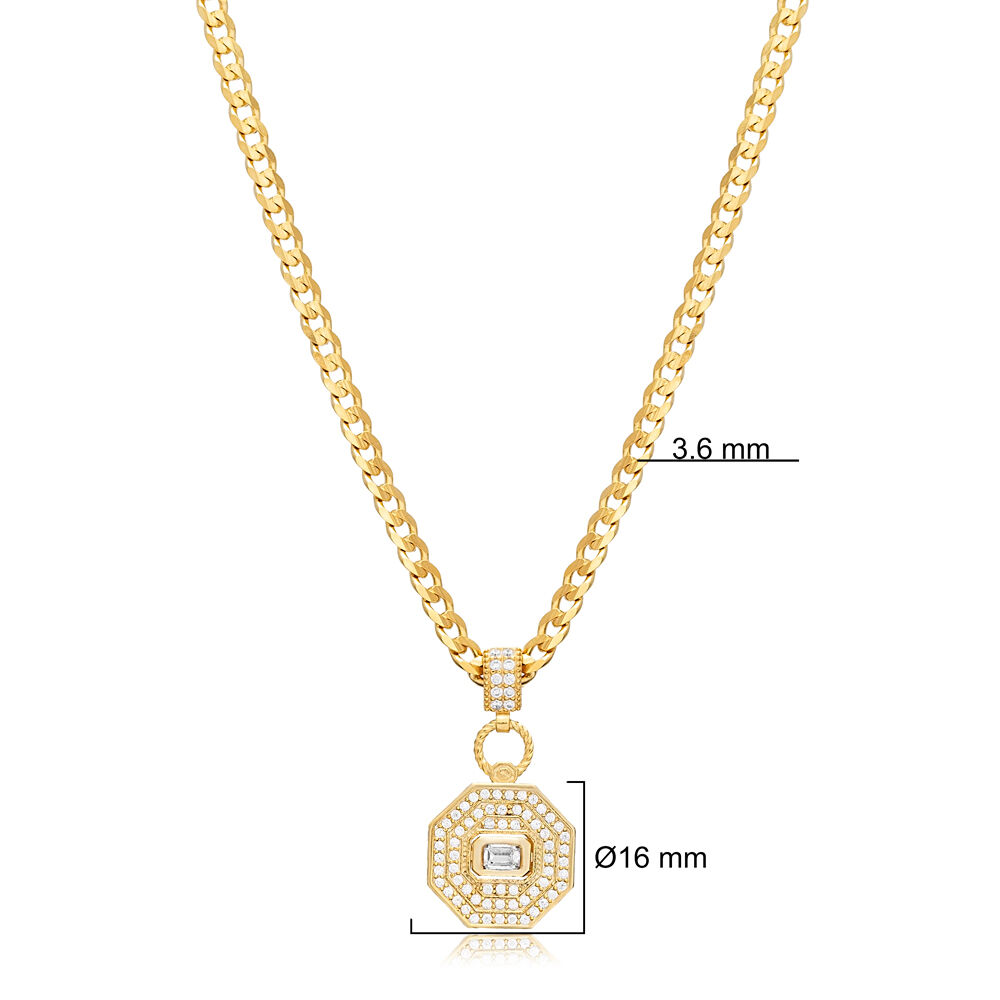 White CZ Geometric Design Gourmet Chain Silver Charm Necklace