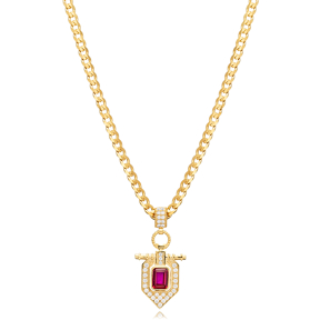 Ruby CZ Popular Design Gourmet Chain Silver Charm Necklace