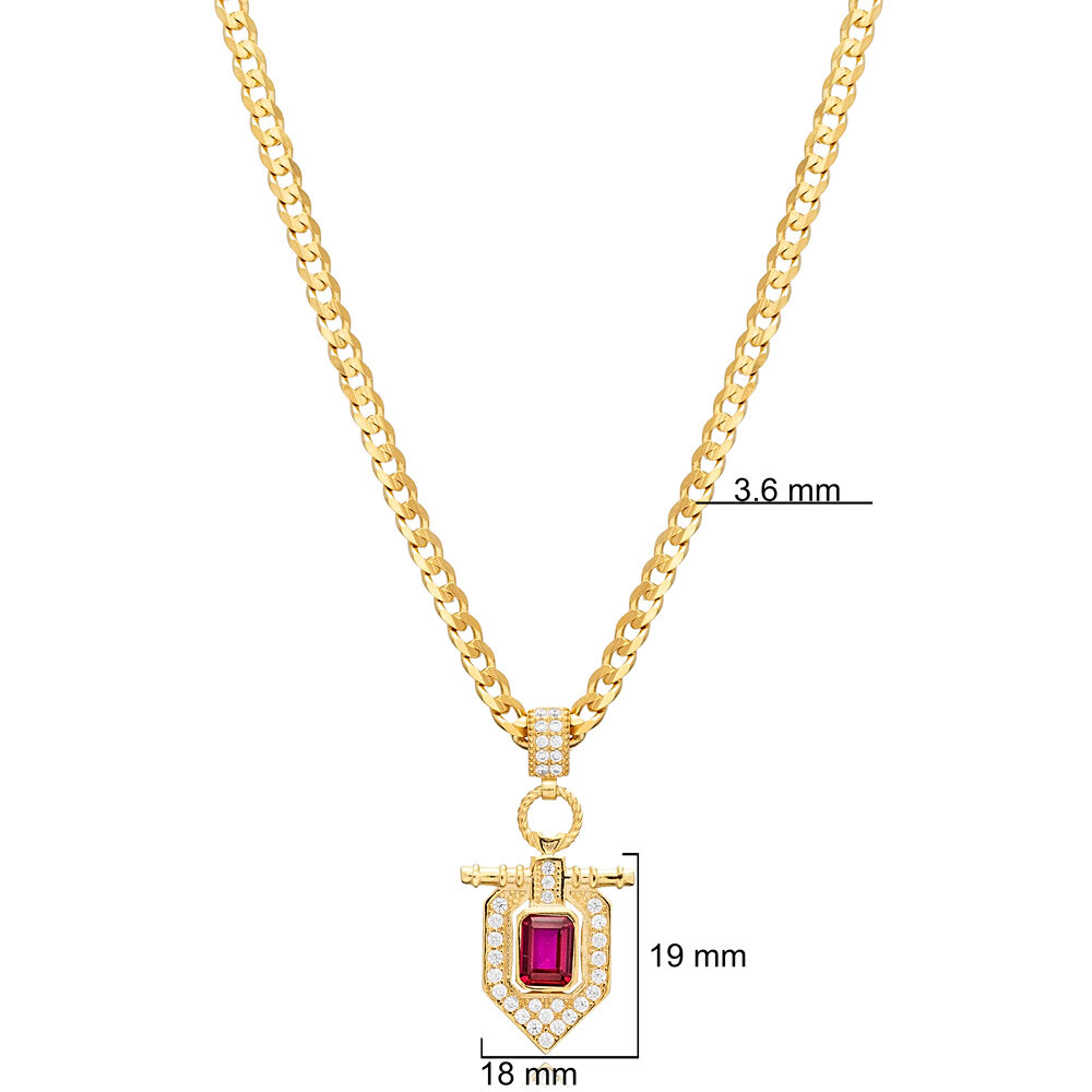 Ruby CZ Popular Design Gourmet Chain Silver Charm Necklace