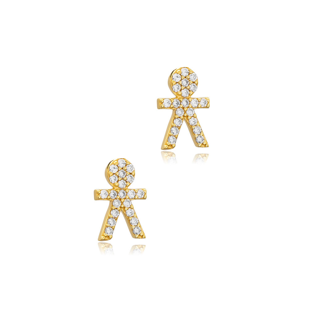 Boy Design CZ Stone Silver Stud Earrings