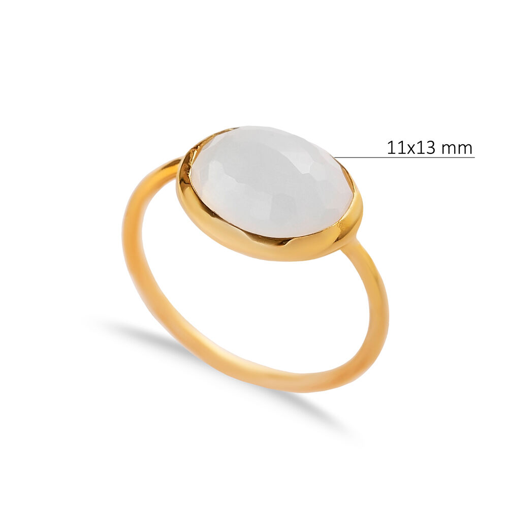 White Quartz Stone Oval Gold Bezel Silver Jewelry Ring