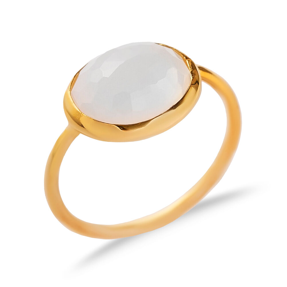 White Quartz Stone Oval Gold Bezel Silver Jewelry Ring