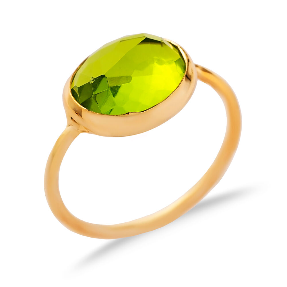 Green Quartz Stone Oval Gold Bezel Silver Jewelry Ring