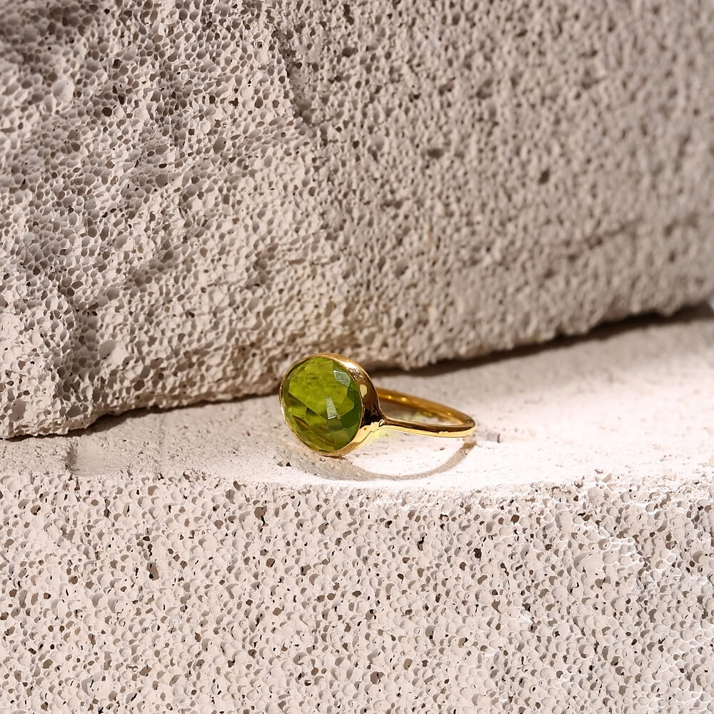 Green Quartz Stone Oval Gold Bezel Silver Jewelry Ring