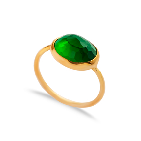 Emerald Quartz Stone Oval Gold Bezel Silver Jewelry Ring