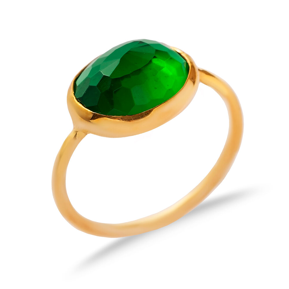 Emerald Quartz Stone Oval Gold Bezel Silver Jewelry Ring