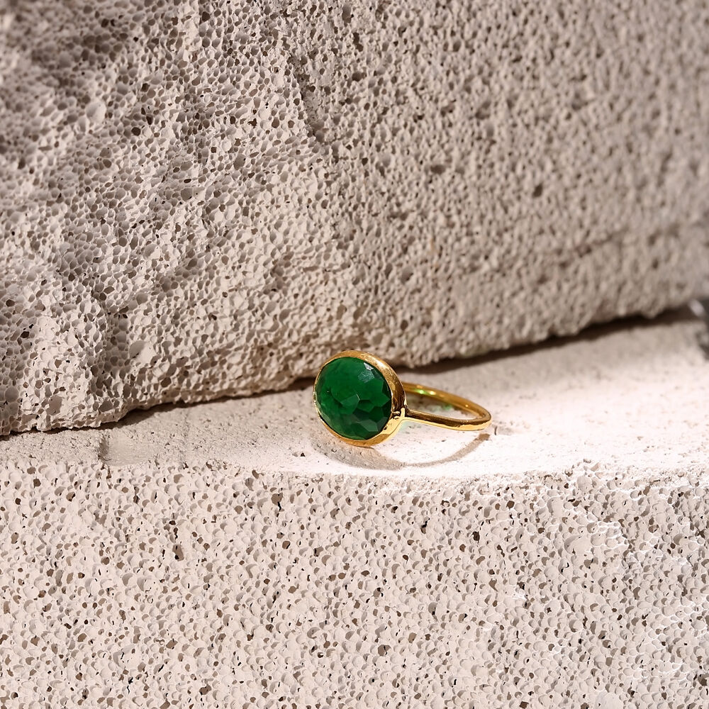 Emerald Quartz Stone Oval Gold Bezel Silver Jewelry Ring