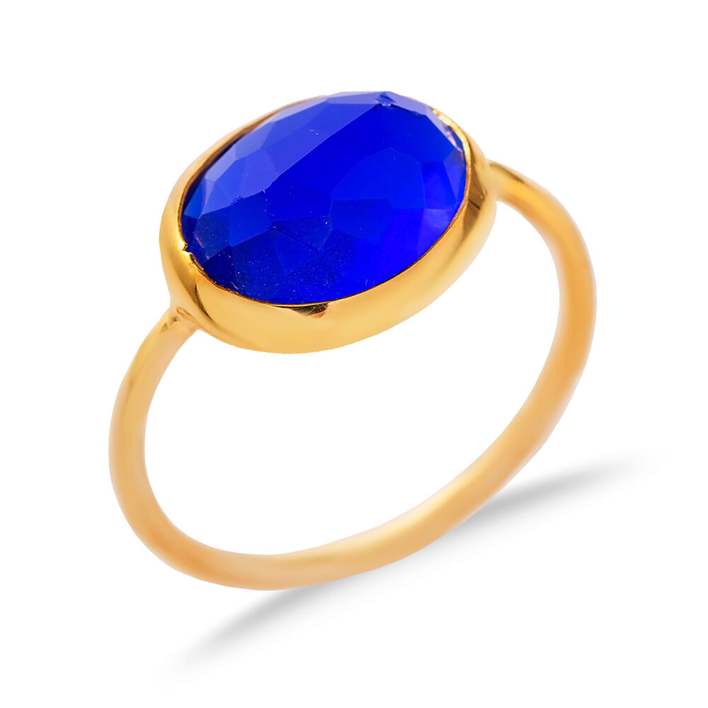 Sapphire Quartz Stone Oval Gold Bezel Silver Jewelry Ring