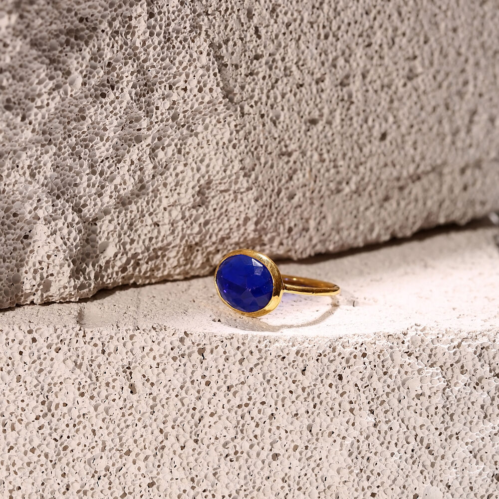 Sapphire Quartz Stone Oval Gold Bezel Silver Jewelry Ring