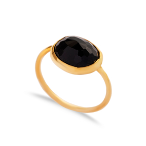 Black Quartz Stone Oval Gold Bezel Silver Jewelry Ring