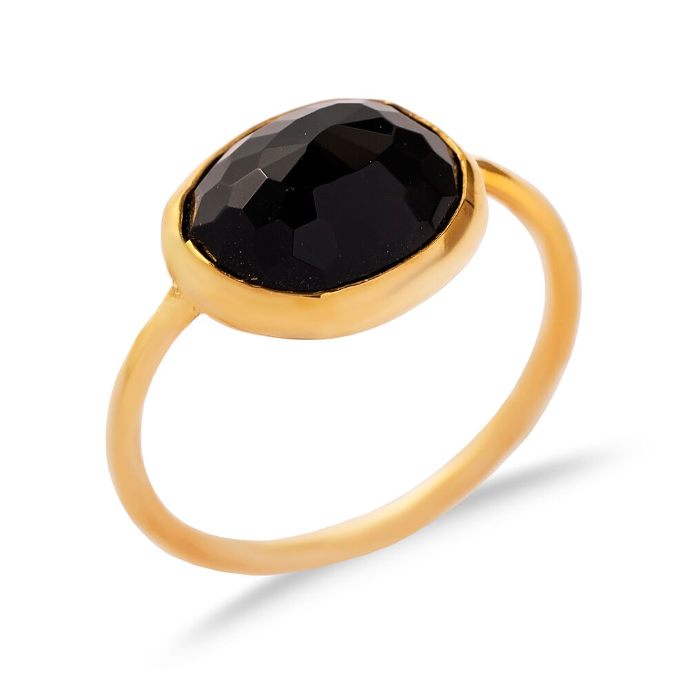 Black Quartz Stone Oval Gold Bezel Silver Jewelry Ring