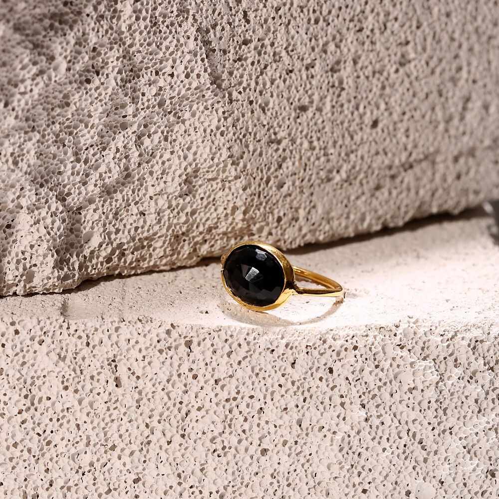 Black Quartz Stone Oval Gold Bezel Silver Jewelry Ring