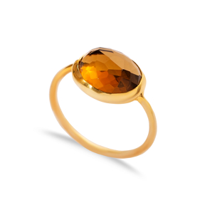 Brown Quartz Stone Round Gold Bezel Silver Jewelry Ring