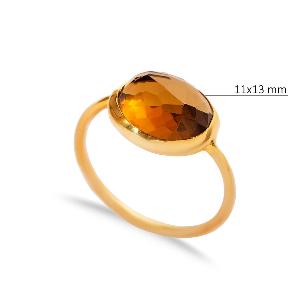 Brown Quartz Stone Round Gold Bezel Silver Jewelry Ring