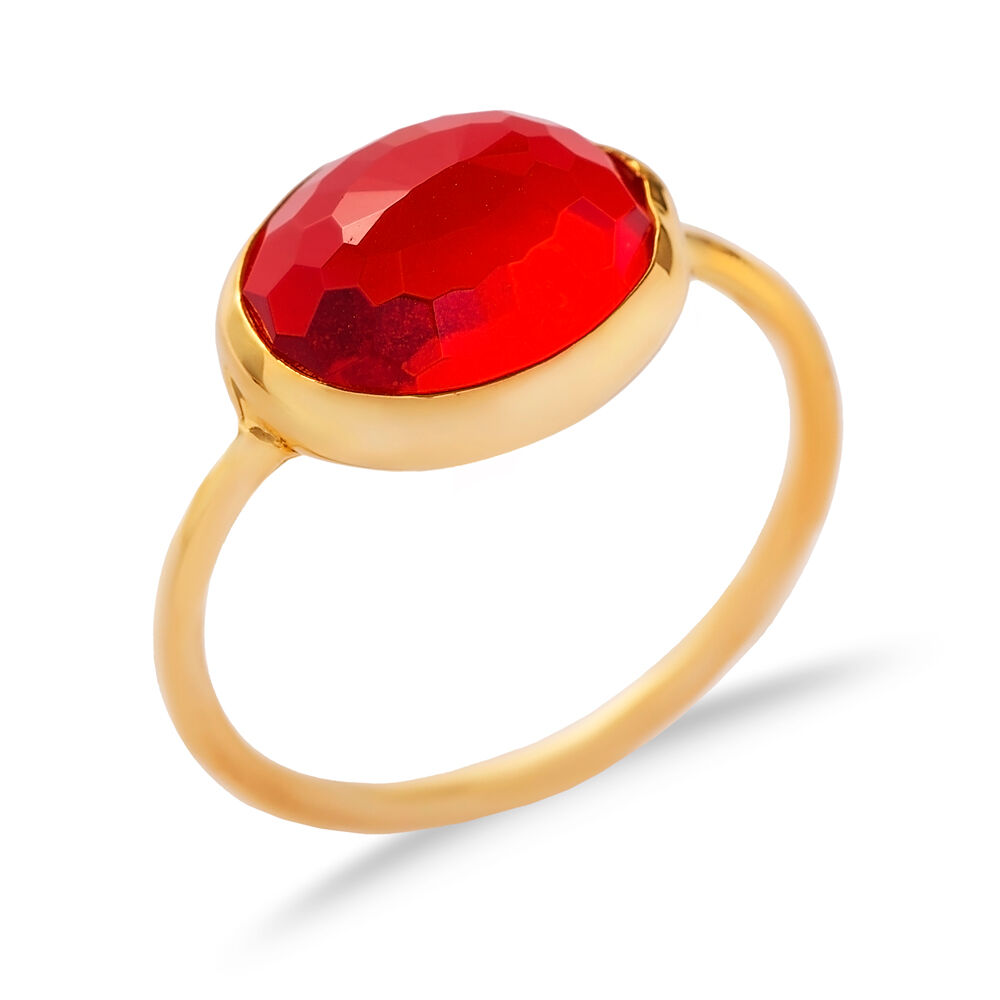 Ruby Quartz Stone Round Gold Bezel Silver Jewelry Ring