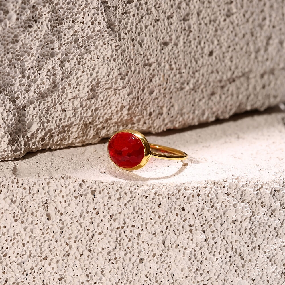 Ruby Quartz Stone Round Gold Bezel Silver Jewelry Ring