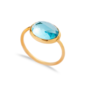 Aquamarine Quartz Stone Round Gold Bezel Silver Jewelry Ring