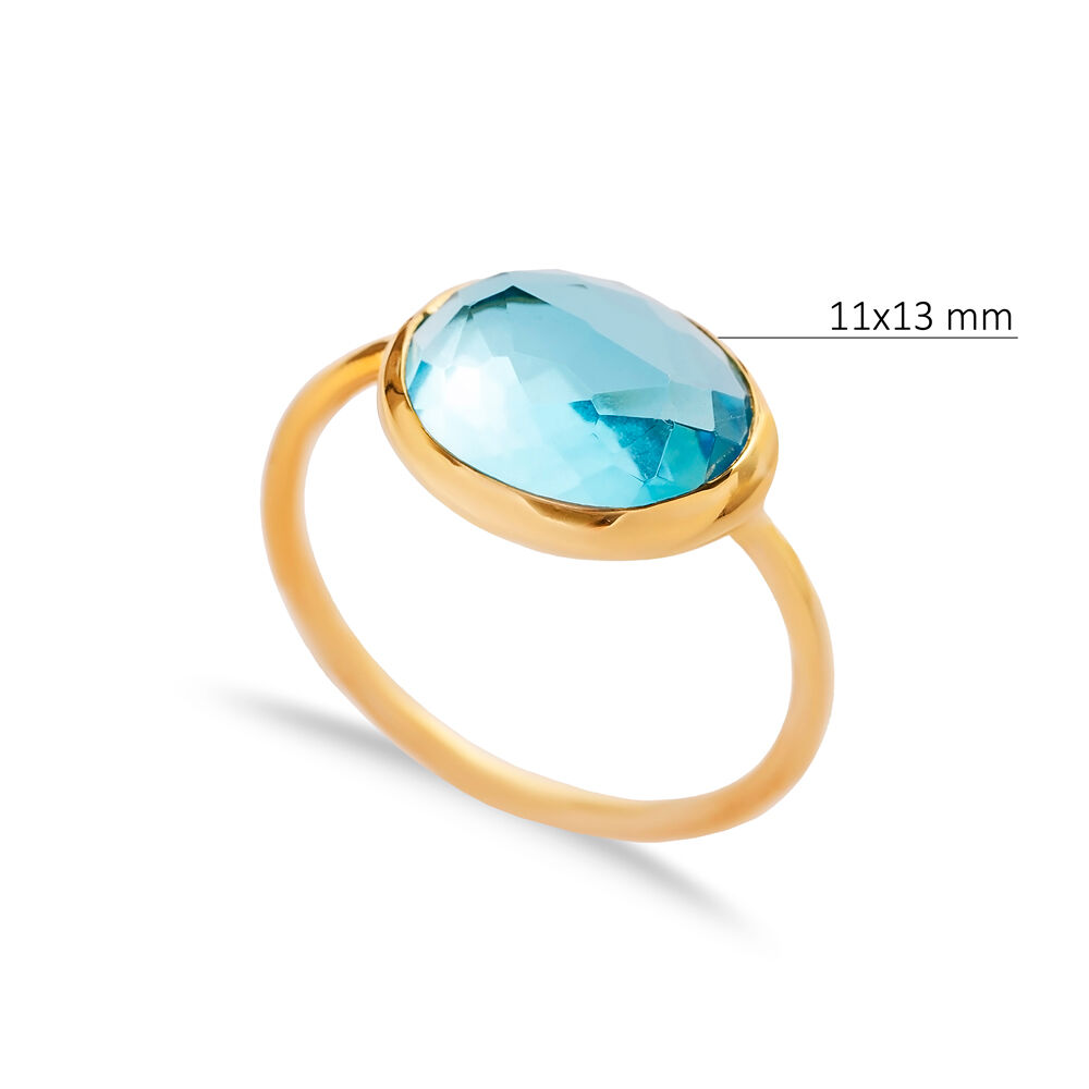 Aquamarine Quartz Stone Round Gold Bezel Silver Jewelry Ring