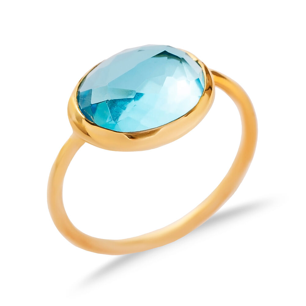 Aquamarine Quartz Stone Round Gold Bezel Silver Jewelry Ring