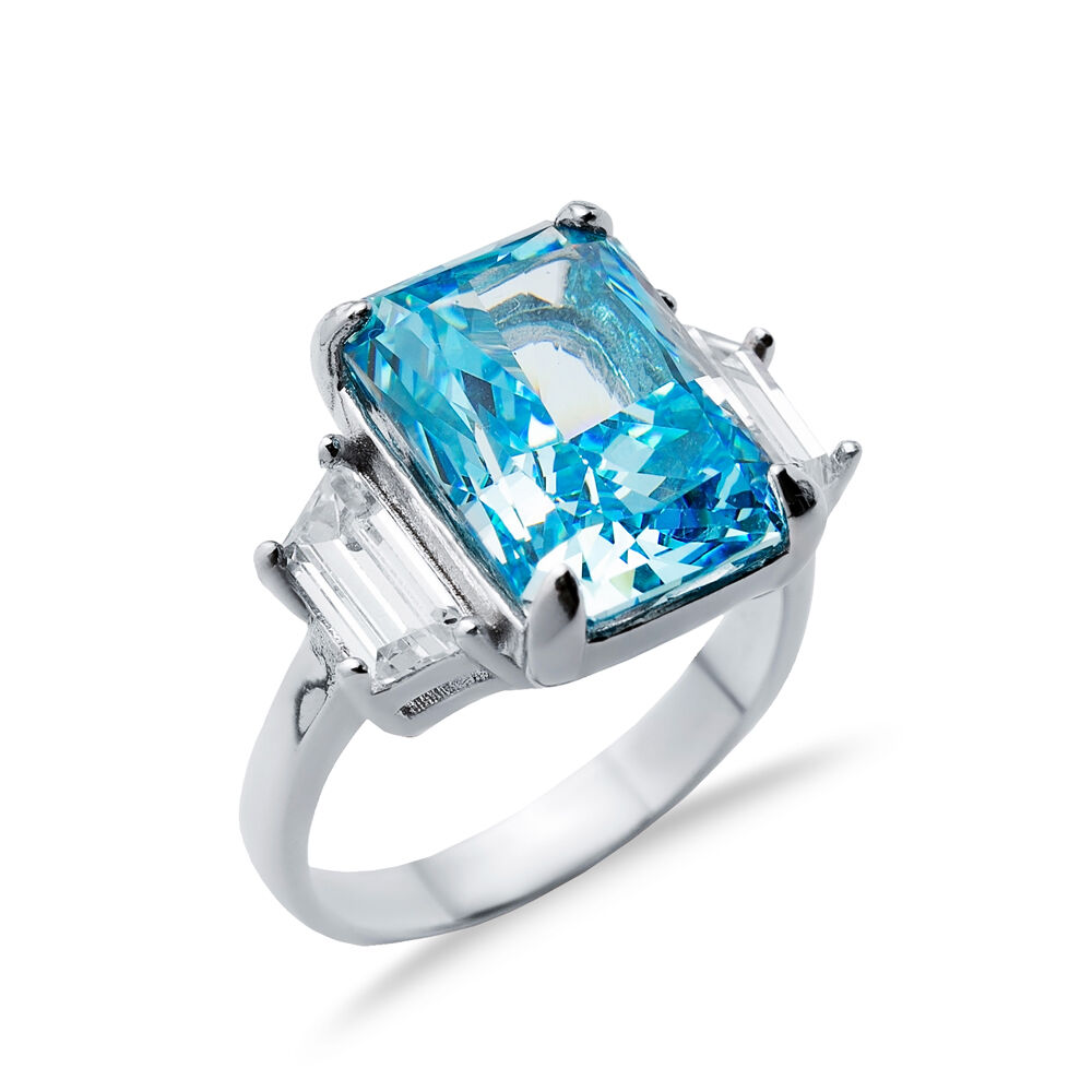 Aquamarine CZ Stone Baguette Design Cluster Zircon Ring