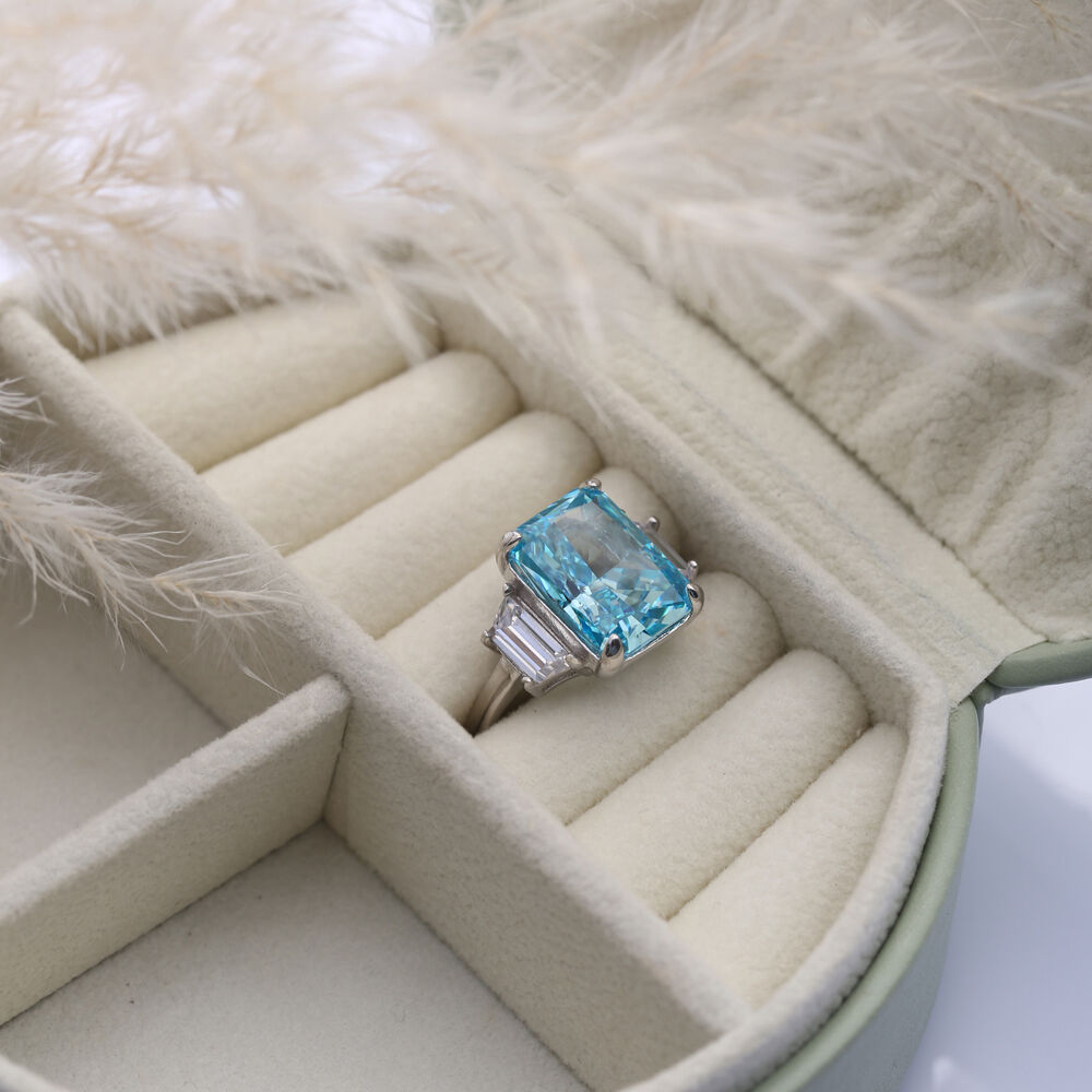 Aquamarine CZ Stone Baguette Design Cluster Zircon Ring