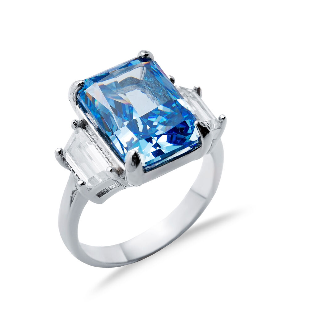 Blue CZ Stone Baguette Design Cluster Zircon Ring Jewelry