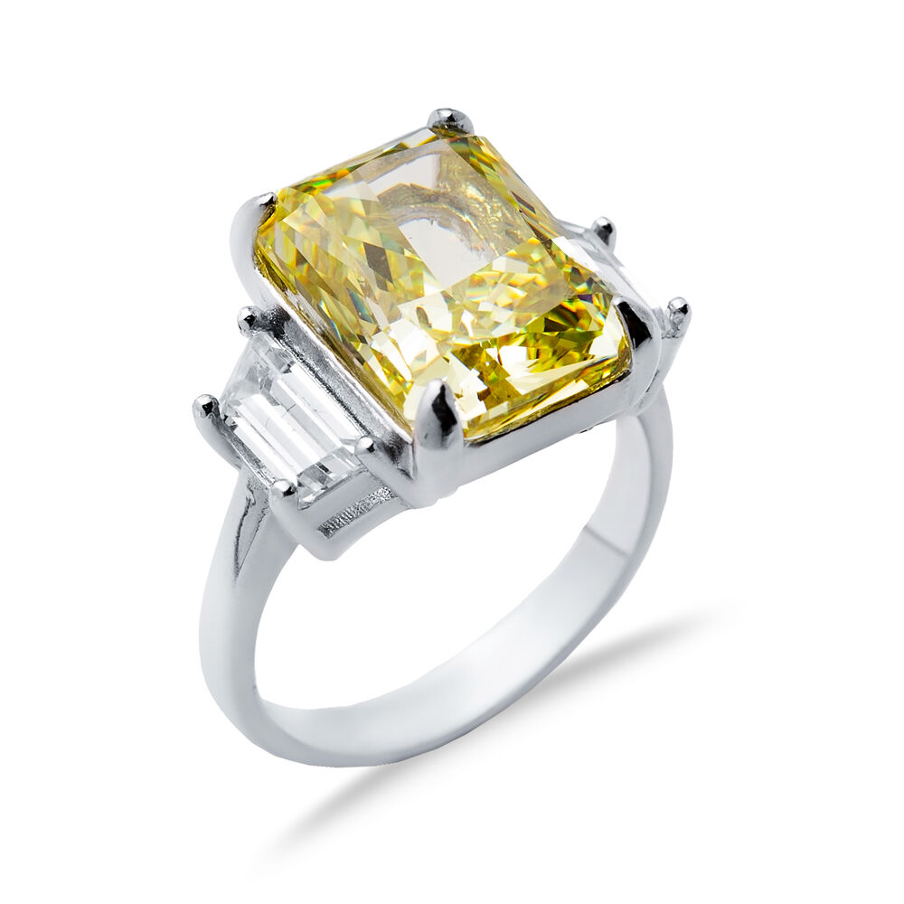 Yellow Citrine CZ Stone Baguette Shape Cluster Zircon Ring